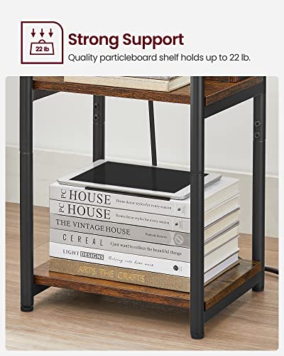 VASAGLE Side Table with Charging Station, 3-Tier End Table with USB Ports and Outlets, Nightstand for Living Room, Bedroom, 11.8 x 13.4 x 22.8 Inches, Plug-in Series, Rustic Brown and Black - color: Rustic Brown + Black
