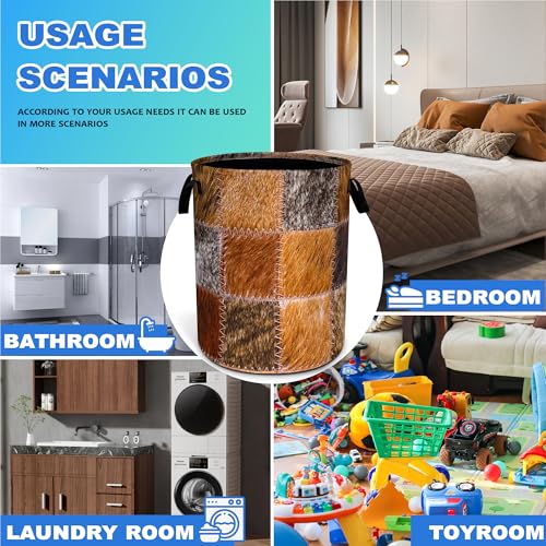 Faux Cowhide Patchwork Pattern Laundry Basket Oxford Cloth Funny Texture Laundry Hamper With Handle Foldable Portable Clothes Storage Basket 18.9 X 16.5 Storage Bag For Laundry Room/Bathroom/Bedroom - color: Faux Cowhide Patchwork Pattern
