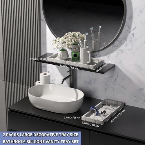 BBK Bathroom Vanity Tray 11.8 in- 2 Pack(Large) Silicone Bathroom Tray for Counter, Perfume Key Trinket Ring Tray, Decor Soap Dispenser Countertop Tray for Kitchen Sink Organization(Faux Marble Look) - color: -Marble Gray (2-pack Large)