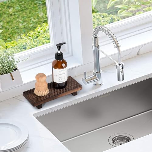 Bathroom Tray Farmhouse Decor Pedestal Stand Wood Riser Display Kitchen Accessories Soap Holder for Sink, Counter, Vanity, 8.7 * 3.6 Dark Brown - color: Drak Brown, size: 8.7" x 3.6" x 1.6"