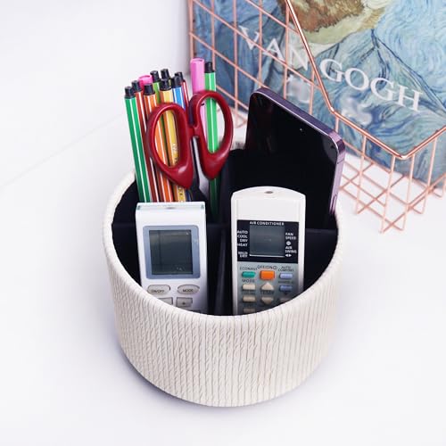 Round Leather Art Supply Organizer,Remote Control Holder,360 Degree Spinning,Multi-Functional Pencil Holder,4 Compartments Desktop Stationary Organizer(1-Wood Beige) - color: 1-Wood Beige