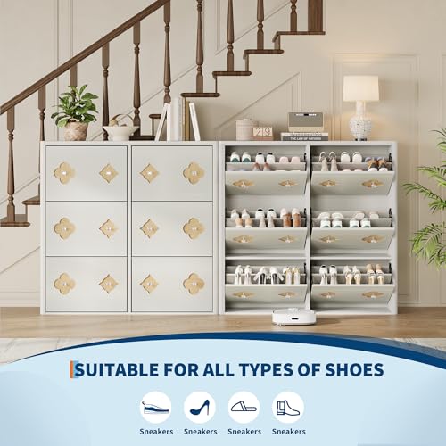 GarveeHome Shoe Storage Cabinet with 6 Flip Drawers, Narrow Wood Shoe Organizer Cabinet with Floral Pattern, Freestanding Slim Shoe Rack Cabinet with Adjustable Shelves, for Entryway, Hallway, White - color: Antique White, size: 6-Drawers