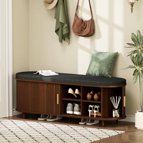 DHH 2-Tier Storage Bench,Wide Shoe Bench with Thickened Padded Seat Cushion, Mid Century Modern Fluted Sliding Door and Adjustable Shelf, for Entryway, Living Room, Bedroom (Walnut, 51.2”) - color: Walnut, size: 51.2 inch