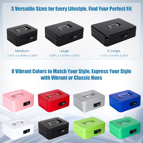 KYODOLED Cash Box with Combination Lock Safe Metal Money Box with Money Tray for Security Lock Box 7.87"x 6.30"x 3.35" Black - color: Black, size: Medium