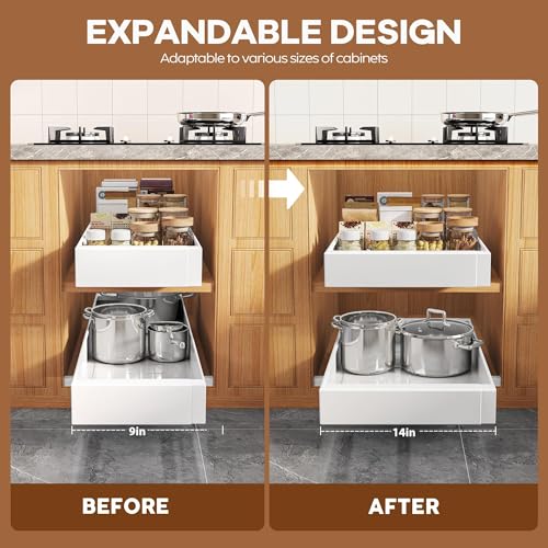 Seinloes 4 Pack Expandable Width (9"-14.1") Pull Out Cabinet Organizer 21" Deep with Raising Pad for Framed Cabinets, Upgrade 3 Slide Rails Slide Out Drawers, Roll Out Shelves Adhesive, White - color: White, size: 21"D x 9"-14.1"W(4Pack)