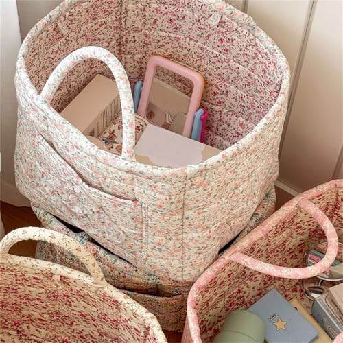 Quilted Fabric Storage Basket with Handles & Pocket, Foldable Laundry Hamper Boho Floral Print Organizer Bin for Home, Picnic, Office 12"x10"x10" (A-1) - color: A-1