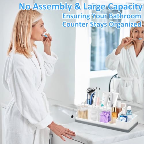 Bathroom Counter Organizer, Large White Silicone Toothbrush Holders for Bathrooms Organizer Countertop with 3PCS Qtip Holder, Toothbrush and Toothpaste Holder for Bathroom Organization Storage Vanity - color: White Grey With 3pcs Clear Dispenser