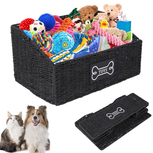 Dog Toy Basket Large Durable Metal Woven Foldable Storage Bin, Living Room Bedroom Entryway Toy Storage Organizer Rustic Trapezoid Pet Basket for Dogs Puppies and Home Floor Corners-Black - color: Black Paper Rope