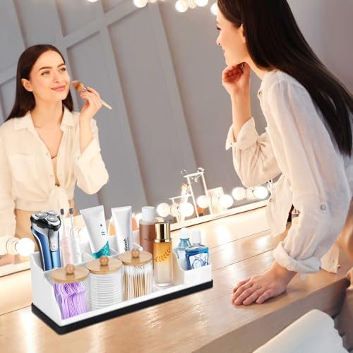 Bathroom Organizer Countertop, White Silicone Toothbrush Holders for Bathrooms with 3PCS Qtip Holder Dispenser, Toothbrush and Toothpaste Holder for Bathroom Counter Organization Storage Vanity - color: White Black With 3pcs Dispenser