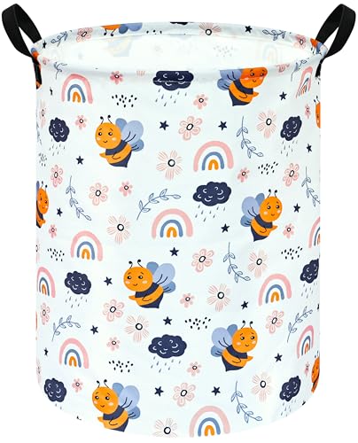 MAIZMZ Rainbow Bee Print Canvas Laundry Basket,Waterproof Storage Bin with Handles 15.7" D×19.7" H Foldable Toy Organizer Decor Gift Basket for Kids' Bedroom & Home Organization - color: Rainbow Bee