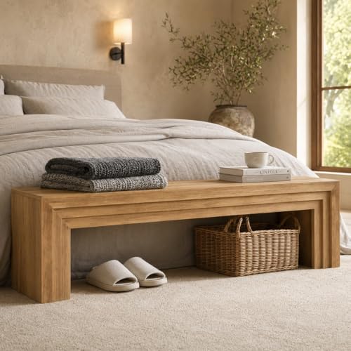 Tribesigns 71'' Extra Long Shoe Storage Bench,Mid-Century Modern Entryway Bench,Indoor Wooden End of Bed Bench for Hallway,Bedroom,Living Room - color: Light Brown