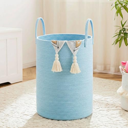 Laundry Basket,Woven Cotton Rope Laundry Hamper,60L for Decor Storage of Dirty Clothes,Toys and Blankets in Bathroom,Baby Room and Living Room - color: Blue, size: 60L