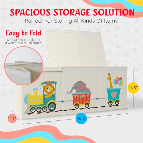 Extra Large Collapsible Sturdy Toy Storage Organizer with Lids, Animal Train Toy Box for Boys Girls, 40"x16"x16", Modern, Beige