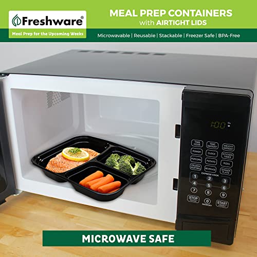 Freshware Meal Prep Containers 21 Count (Pack of 1), 3 Compartment with Lids, Food Storage Containers, Bento Box, Stackable, Microwave/Dishwasher/Freezer Safe (24 oz) - size: 3-COMP-21PK