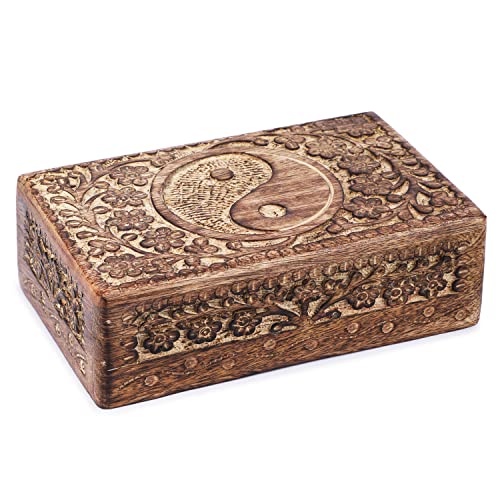 Ajuny Handcrafted Wooden Jewelry Box with Tai Chi Flower Carving – 8x5 Inch Treasure Chest for Keepsakes, Trinkets, Gifts, Decorative Storage Box for Men & Women, Home Organizer - style: Tai Chi