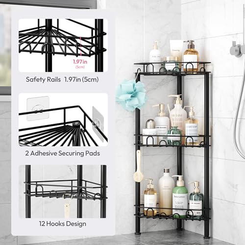 SWTYMIKI Standing Shower Caddy Corner - 3‑Tier Stainless Steel Shower Organizer Shelf with 12 Hooks and Adhesive Pads, Rustproof Corner Shelves Stand Rack for Bathroom Shower Room, Black - color: Black