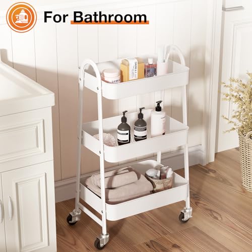 NEWBULIG 3-Tier Rolling Utility Cart with Locking Wheels, Slim Metal Mobile Storage Organizer Shelf for Small Spaces, Bathroom, Living Room, White - color: White, size: 3-Tiers