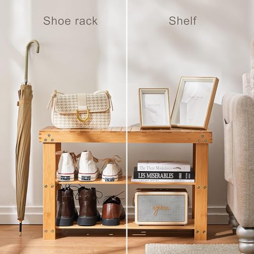 Pipishell 3 Tier Bamboo Shoe Rack Bench - Sturdy Shoe Organizer Holds up to 300lbs for Entryway, Bedroom, Living Room, Balcony - color: Bamboo