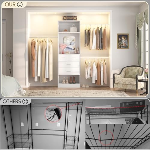 Unikito 48" W - 96” W Closet Organizer, 8FT Walk in Closet Systems Starter Kit with 25” Tower and 3 Extendable Hanging Rods, Sturdy Wood Garment Rack with 4 Drawers and Mirror, Max Load 1000 LBS White - color: White