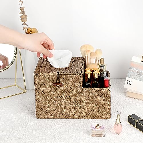 Sumnacon Tissue Box Cover Square Tissue Box Woven Seagrass Tissue Box Holder with Side Organizer, Rustic Tissue Holder for Living Room Bathroom Bedroom Kitchen Office Table Desk, Coffee - color: Coffee