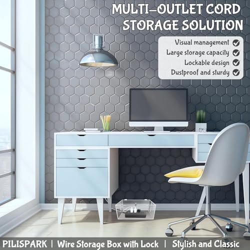 2PC Cable Management Box with Lock,Acrylic,Cable Organizer Box & Power Strip Cover, Wire Organizer for Surge Protector Power Strip,TV Computer,Cable Wires of Home,Office,Child and Pet Proof