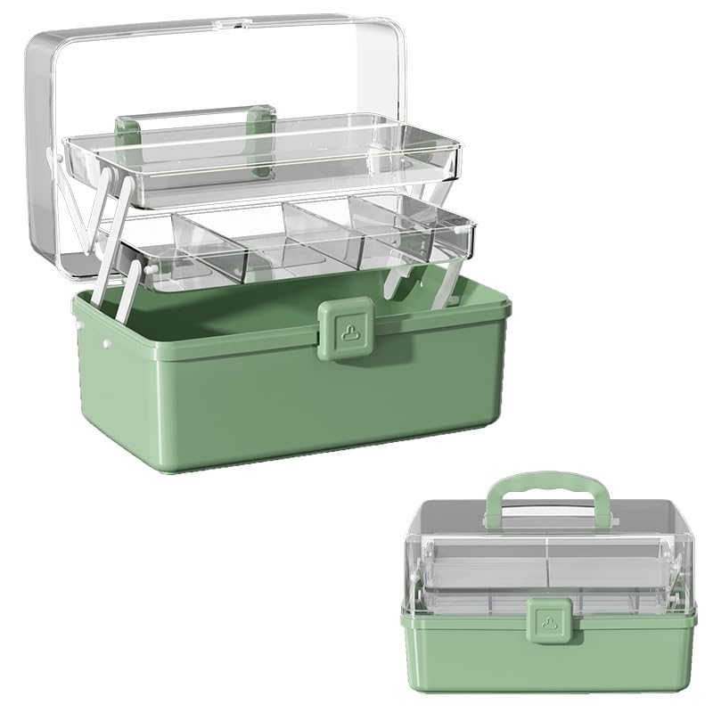 12.9in Three-Layer Multipurpose Storage Box with Handle Portable Tackle Box Folding Art & Craft Case Sewing Supplies Organizer for Makeup, Medicine, Nail, Hair Accessories (Haze Green) - color: Haze Green