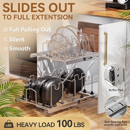 2-Tier Kitchen Pull out Cabinet Organizer for Pots, Pans, and Lid Cookware, Adjustable Heavy Duty Wire Pan and Pot Rack, Full-Extension Rail 21" W *22" D - size: 21W*22D