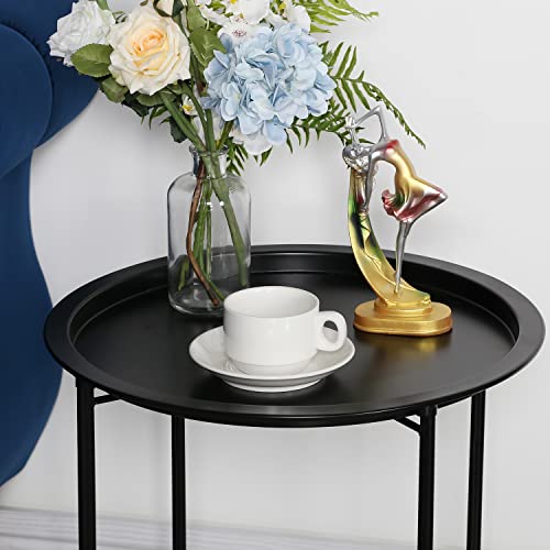 VECELO Side/End Table, Folding Round Metal Anti-Rust and Waterproof Outdoor or Indoor Tray for Living Room Bedroom Balcony and Office, 1 PCS, Black - color: Black, size: 1 PCS