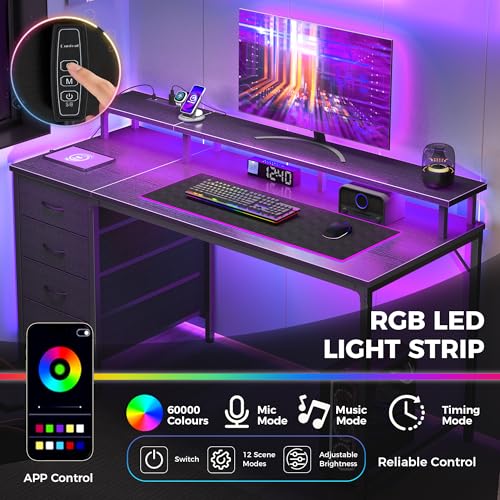 DUMOS 47 Inch Computer Desk with 4 Drawers,4 Drawer Gaming Desk with Power Outlets and LED Lights,Office Desk for Small Spaces with Monitor Shelf,Writing Desk for Home Office, Bedroom,Study,Black - color: Black, size: 47 Inches