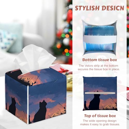 Starry Night Sky Cat Tissue Box Holder, Leather Tissue Box Cover Square, Paper Facial Decorative Tissues Cover for Bathroom Home Car Nightstand Vanity Desk, 2 Pcs - color: Starry Night Sky Cat