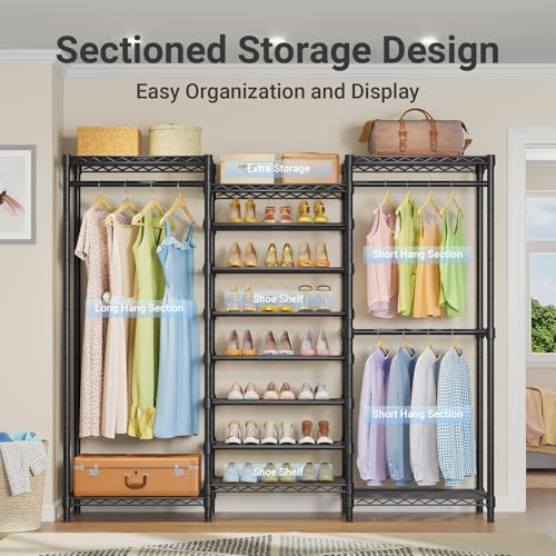 VIPEK S3 Heavy Duty Garment Rack Freestanding Clothes Rack Closet Storage Organizer Large Wardrobe with 6-Tier Shoe Rack, Hanging Rod, Adjustable Shelf, 68.9" L x 15.7" W x 76.4" H, Black - color: Black, style: S3