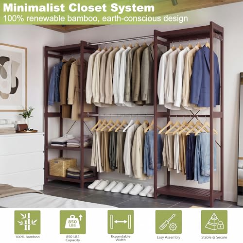 Homykic Bamboo Closet System, 71"-91" Expandable Clothing Rack with 5 Hanger Rods & Shelves, 6.6ft Tall Garment Rack Organizer for Walk-in Closet Bedroom, Max Load 850LBS, Easy to Assemble, Espresso - color: Espresso, size: 91"Wx14.2"Dx79"H