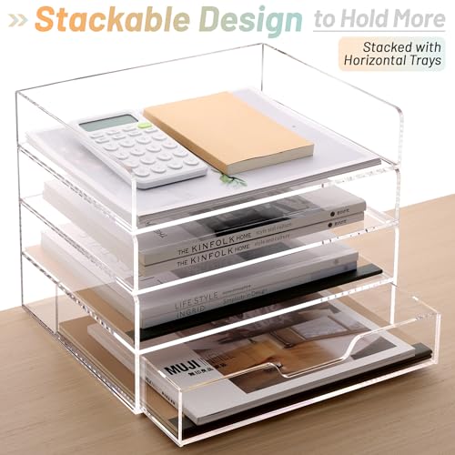 SANRUI 2-Tier Paper Letter Tray Organizer with Sliding Drawer,Stackable Desk Organizer,Acrylic Paper Tray for Office,Home or School,Clear - style: 2 Tier Horizontal File Tray with Drawer