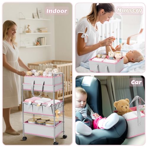 FoldTier 2in1 Baby Diaper Caddy Organizer Cart 3 Tier Large Capacity Metal Utility Bedside Rolling Cart with Divider Newborn Registry Nursery Essential Must Have Bedroom Gift Baby Shower(Pink) - color: Pink
