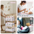 FoldTier 2in1 Baby Diaper Caddy Organizer Cart 3 Tier Large Capacity Metal Utility Bedside Rolling Cart with Divider Newborn Registry Nursery Essential Must Have Bedroom Gift Baby Shower(Pink) - color: Pink
