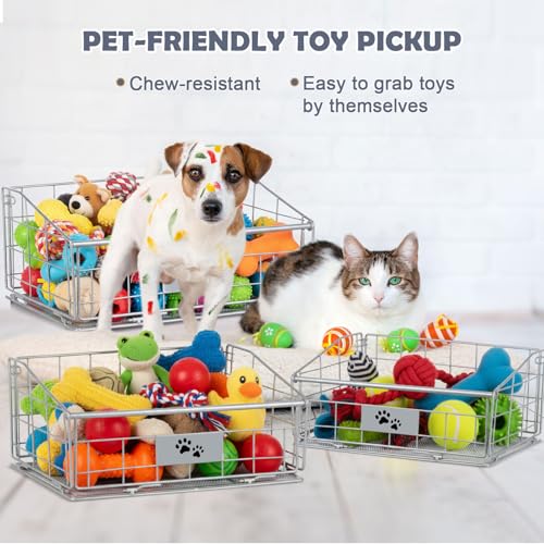 Mimorou 3 Pack Metal Dog Toy Baskets Multi-sized Foldable Dog Toy Bins Box Storage Container Organizer for Living Room Area Decorative Pet Accessories Coat Clothing Storage Holder Baskets(Silver) - color: Silver