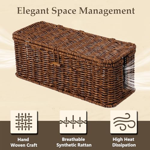 BROWNLILY Cable Management Box, Rattan Style Cord Organizer for Desk Cord Hider Outlet Covers Baby Proofing for Power Strip TV PC Router Charger Under Desk Storage with Lockable Lid and Cable Ties - color: Brown, size: M