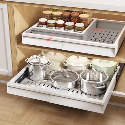 Seinloes 2 Pack Pull Out Cabinet Organizer With Raising Pad for Framed Cabinets,Expandable Width (13"-21") and Depth (13"-17"),3 Slide Rails Slide Out Drawers with Handle,No-Drill Roll Out Shelf,White - color: White, size: 13"-21"W x 13"-17"D(2Pack)