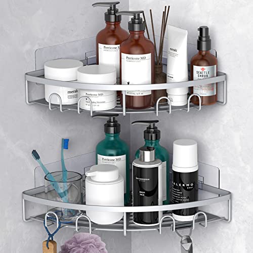 Corner Shower Caddy, 2 Pack Adhesive Bathroom Shower Corner Organizer Shelf, No Drilling Rustproof Wall Mounted Shower Storage Rack Shampoo Holder Organizer (Silver) - color: Silver