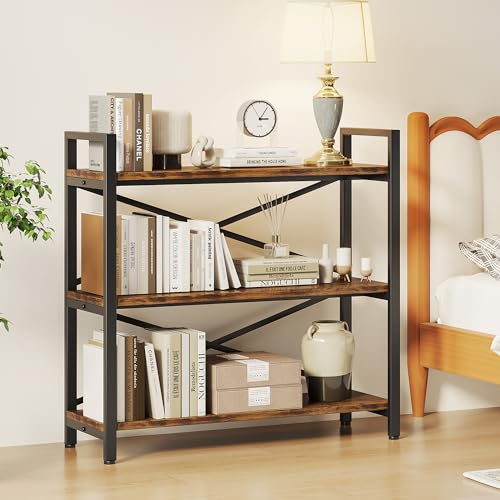 3 Tier Bookshelf 31.49" Width, Wood and Metal Etagere Bookcase, Vintage Farmhouse Modern Wooden Big Book Shelf for Home Living Room Bedroom Office Storage(Rustic Brown) - color: Rustic, size: 3 Tier - 31.5" W