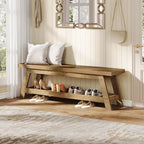 Tribesigns 55" Wood Entryway Bench with Shoe Storage, Large 2-Tier Narrow Hallway Foyer Seating Bench with Open Shelves for Entryway, Bedroom, Mudroom - color: Light Walnut