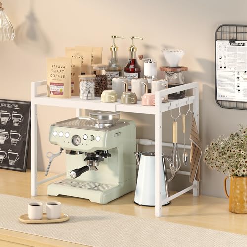 DOLALIKE Microwave Oven Rack, Expandable Microwave Stand Kitchen Countertop Organizer Utensils Storage, Carbon Steel Over Microwave Shelf with 3 Hooks (White, 2 Tier) - color: White, size: 2 Tier (Without Spice Rack)