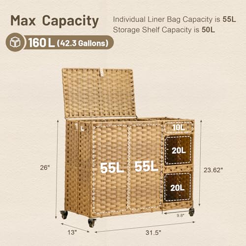 Laundry Hamper with Wheels, 42.3 Gal.(160 L) Laundry Sorter with Shelves, Rattan Clothes Hamper with 4 Removable Liners & 3 Mesh Bags, Handwoven Organizer for bedroom, bathroom, laundry room, Natural - color: Natural
