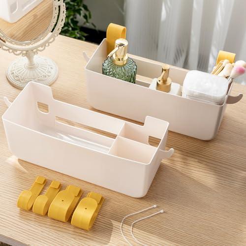 Nitial 2 Pcs Bunk Bed Shelf Hanging Storage Bedside Organizer with Hooks Multi Pockets Plastic Bedside Caddy for Dorm Bed Phone Glasses Rv Loft Bathroom Camper Handrail Book Accessories (White)