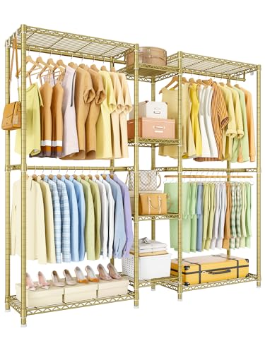 Ulif E4 Clothes Rack, Heavy-Duty Garment Rack, Metal Freestanding Clothing Organization Storage System Can Be L-Shaped with Shelves and Hangers, Max Load 962lbs, 71.6" W x 14.5" D x 79.3" H, Gold - color: Gold
