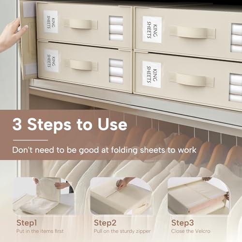 Criusia Bed Sheet Organizers and Storage, 6 Pack Foldable Linen Closet Organizer Box – Bedding Holder for Sheet Set (King/Queen Sizes), Duvet Covers, Blankets (Beige) - color: Beige, size: 6PACK