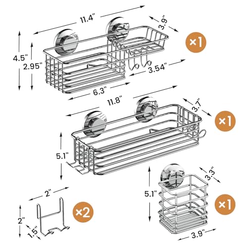 LEVERLOC Shower Caddy Suction Cup, 3 Pack Heavy Duty Bathroom Organizer For Inside Shower With Hooks & Soap Holder, Removable Bathroom Organizer, Rustproof Silver Holder Storage,Silver - color: 3 × Silver