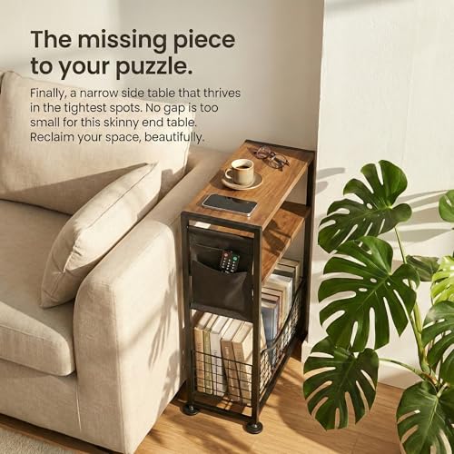 Skinny Side Table with Storage, 3 Tier Slim Side Tables for Small Spaces, Skinny End Table Narrow Bedside Table Narrow Side Table for Living Room, Bedroom - color: Rustic Brown
