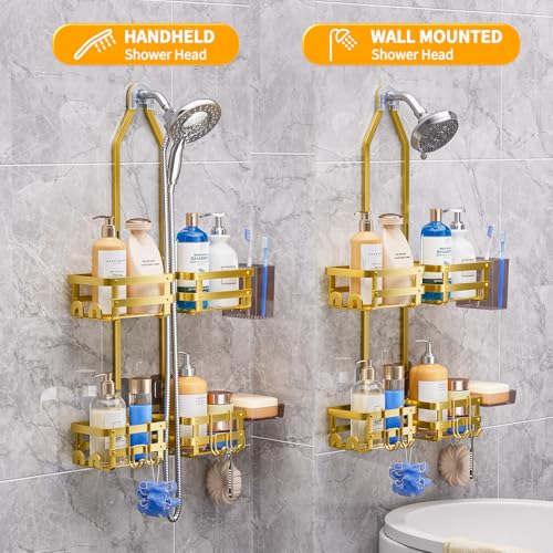 GAOKASE Aluminum Shower Caddy Hanging, Never Rust Shower Organizer- 4 Levels with adjustable Height 10 Hooks for Razor/Sponge - Rack with Soap Basket (Gold) - color: Gold