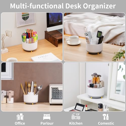 Marbrasse Desk Organizer, 360-Degree Rotating Pen Holder, Desk Organizers and Accessories with 5 Compartments Pencil Holder, Art Supply Storage Box Caddy for Office, Home (White+Grey) - color: White+Grey
